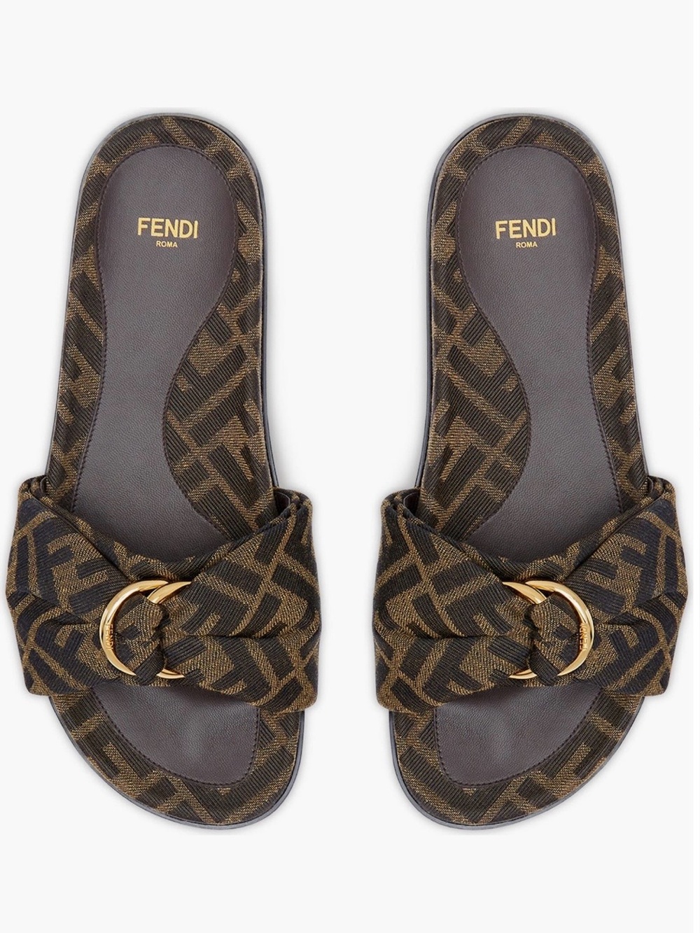 FENDI FEEL KNOTTED BLACK BROWN FF MONOGRAM JACQUARD LEATHER SLIDE SANDAL SZ 36.5